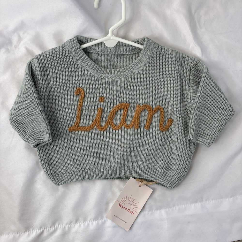 Wyld Bub LIAM‎ Baby Name 0-3 Mos Pullover Green Sweater Trendy Boutique Gift